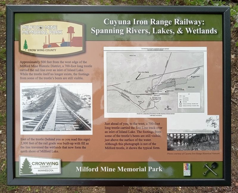 Cuyuna Iron Range Railway: Spanning Rivers, Lakes, & Wetlands Marker. Click for full size. Cuyuna Iron Range Railway: Spanning Rivers, Lakes, & Wetlands Marker image. Click for full size.