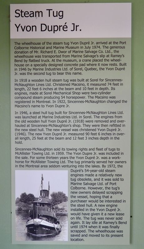 Steam Tug Yvon Dupré Jr. - Marker. Click for full size. Steam Tug Yvon Dupré Jr. - Marker image. Click for full size.