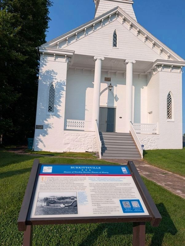 Burkittsville Marker and church. Click for full size. Burkittsville Marker and church image. Click for full size.