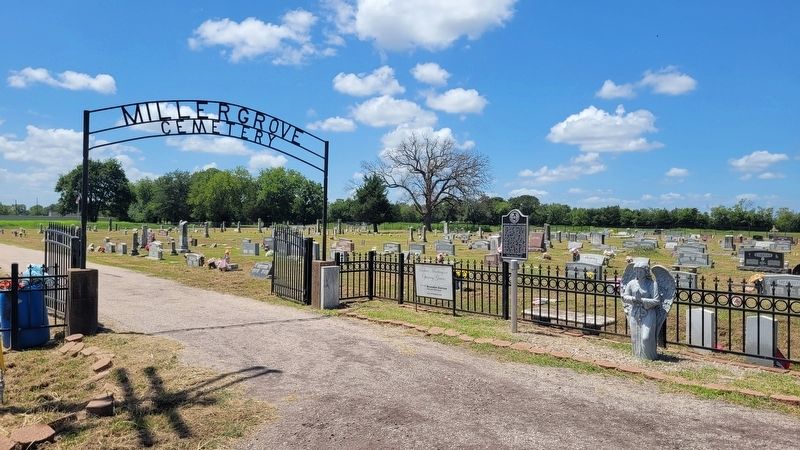 The view of the entrance to the Miller Grove Cemetery and Marker image. Click for full size.