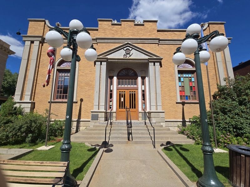 Adams Museum. Markers are at foot level on either side of the top step leading to the entrance image. Click for full size.