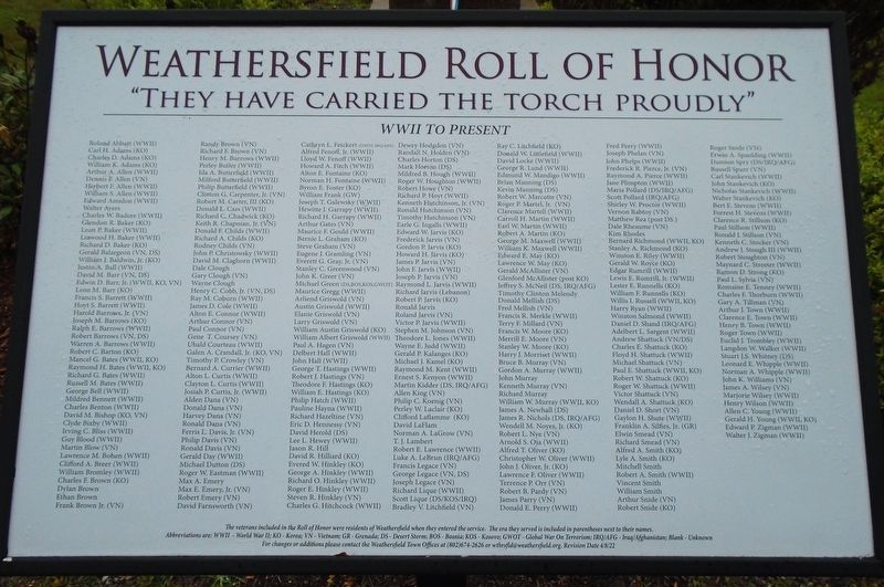 Weathersfield Roll of Honor Marker. Click for full size. Weathersfield Roll of Honor Marker image. Click for full size.