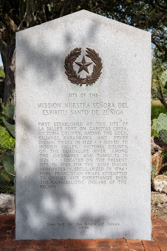 Site of the Mission Nuestra Señora del Espiritu Santo de Zúñiga Marker. Click for full size. Site of the Mission Nuestra Señora del Espiritu Santo de Zúñiga Marker image. Click for full size.