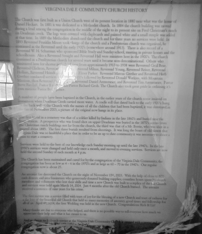 Virginia Dale Community Church history posted inside the church image. Click for full size.