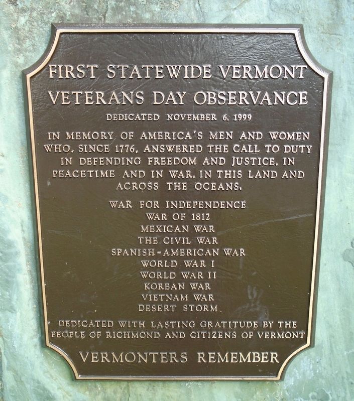 First Statewide Vermont Veterans Day Observance Marker image. Click for full size.