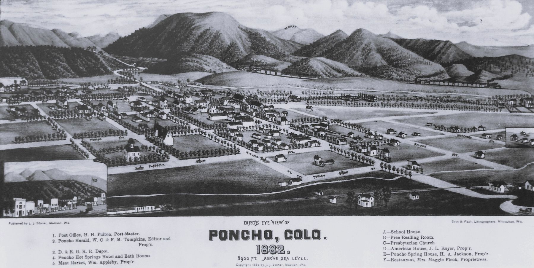 Marker detail: Bird�s Eye View of Poncho, Colorado, 1882 image. Click for full size.