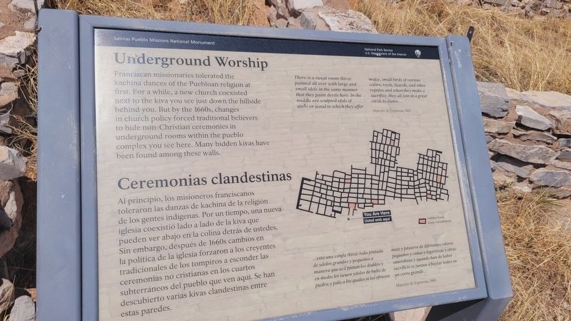 Underground Worship / Ceremonias clandestinas Marker. Click for full size. Underground Worship / Ceremonias clandestinas Marker image. Click for full size.