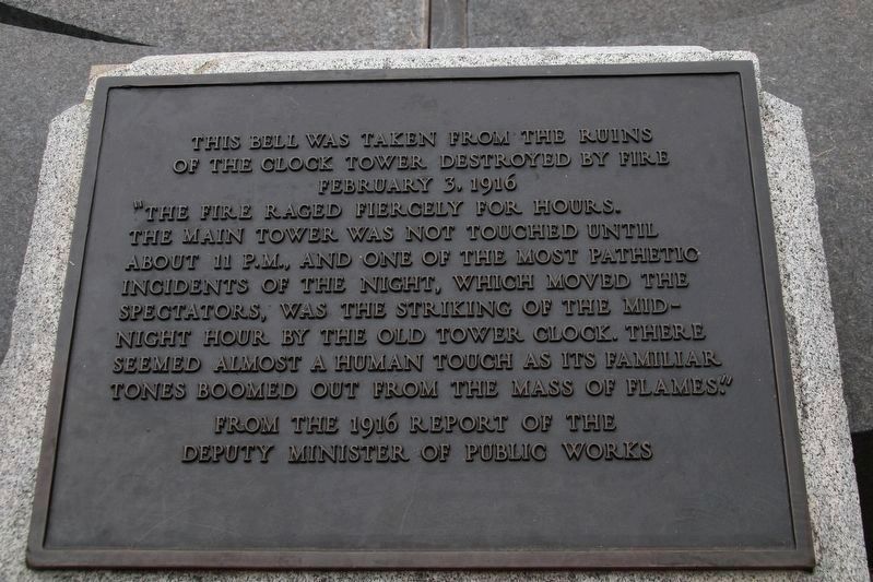 This bell was taken from the ruins of the Clock Tower destroyed by fire February 3,1916 Marker. Click for full size. This bell was taken from the ruins of the Clock Tower destroyed by fire February 3,1916 Marker image. Click for full size.