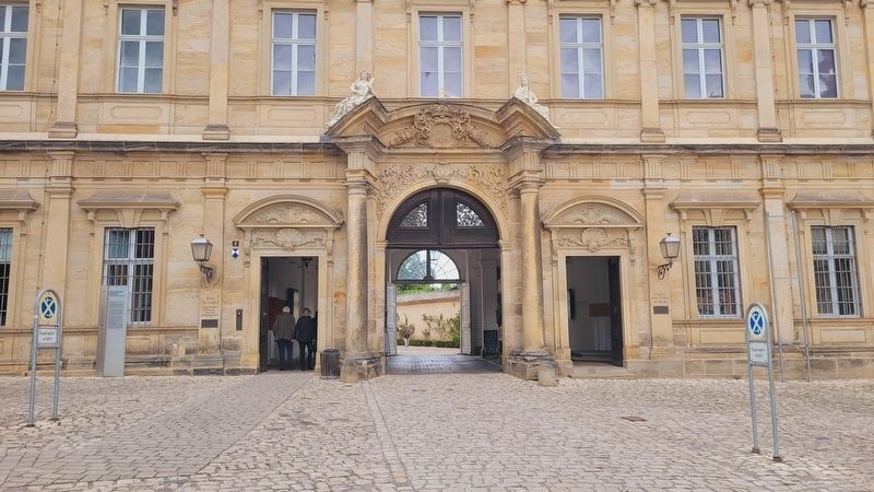 The view of the main entrance to the New Residence Bamberg from across the plaza. Click for full size. The view of the main entrance to the New Residence Bamberg from across the plaza image. Click for full size.