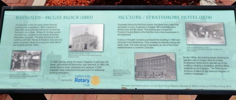 Raynolds-McGee Block (1883) / McClure/Strathmore Hotel (1874) Marker. Click for full size. Raynolds-McGee Block (1883) / McClure/Strathmore Hotel (1874) Marker image. Click for full size.