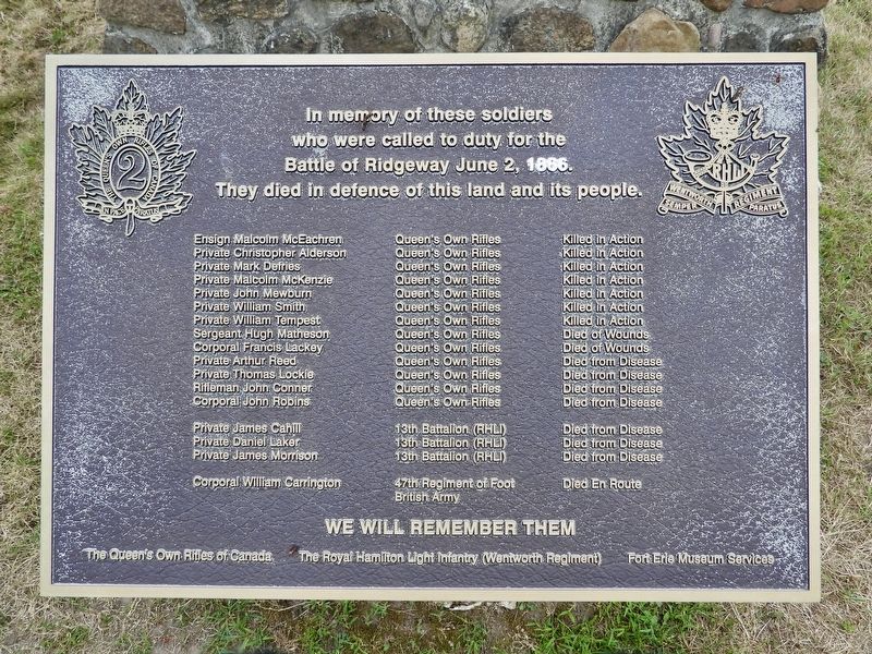 Battle of Ridgeway Memorial - Marker. Click for full size. Battle of Ridgeway Memorial - Marker image. Click for full size.