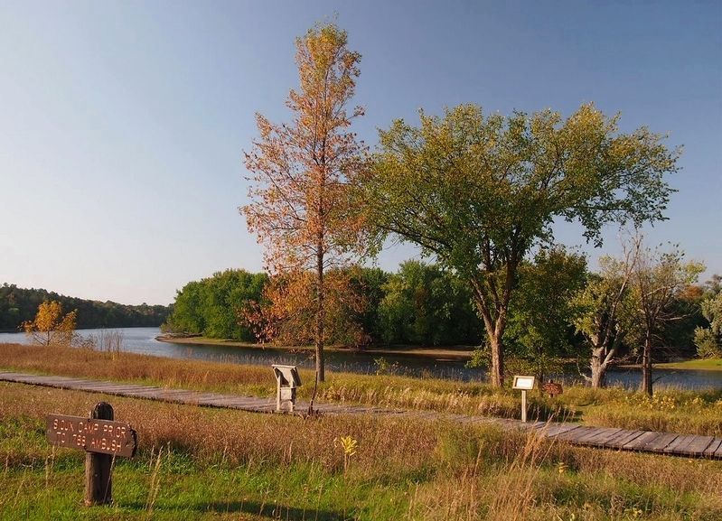 Marker (left) facing the Mississippi River amid the Old Crow Wing townsite. Click for full size. Marker (left) facing the Mississippi River amid the Old Crow Wing townsite image. Click for full size.