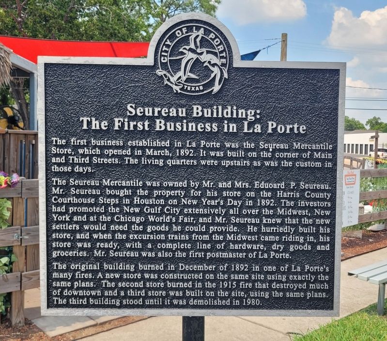 Seureau Building: The First Business in La Porte Marker. Click for full size. Seureau Building: The First Business in La Porte Marker image. Click for full size.