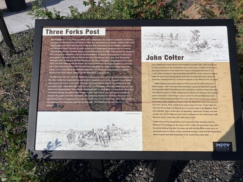 Three Forks Post / John Colter Marker. Click for full size. Three Forks Post / John Colter Marker image. Click for full size.