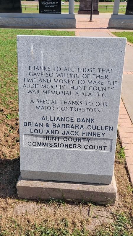 Audie Murphy Hunt County War Memorial - Contributors Plaque image. Click for full size.