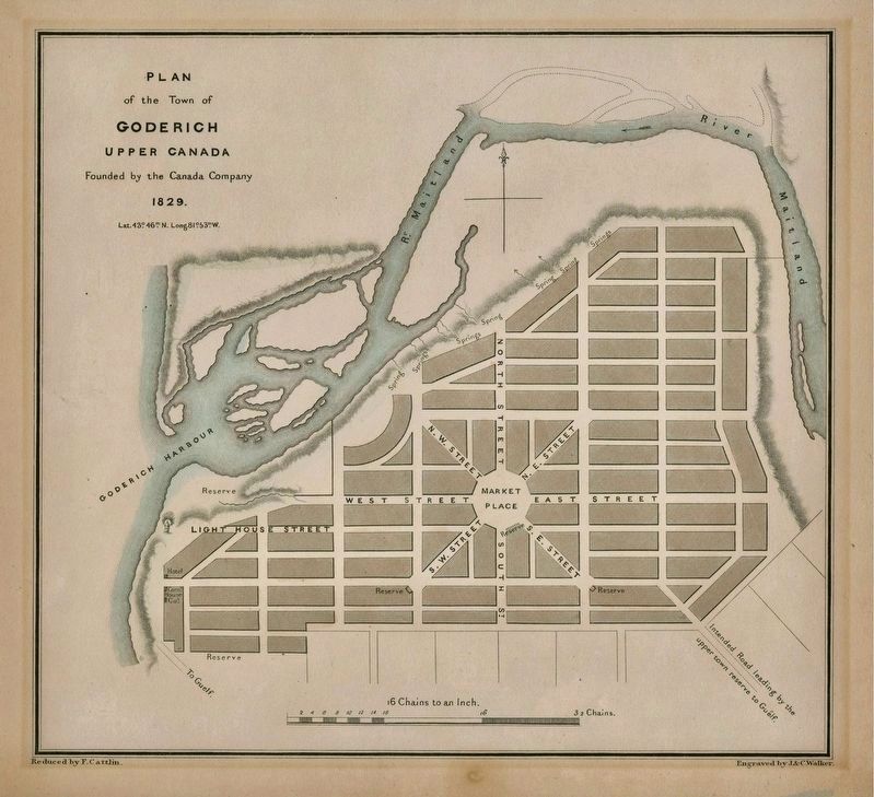 Plan of the Town of Goderich, 1829, founded by Tiger Dunlop. Click for full size. Plan of the Town of Goderich, 1829, founded by Tiger Dunlop image. Click for full size.