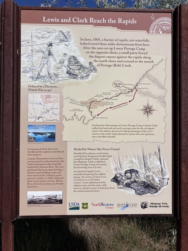 Lewis and Clark Reach the Rapids mrker (panel on the right) image. Click for full size.