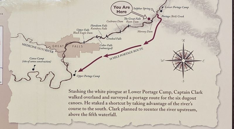 Lewis and Clark Reach the Rapids Marker, insert of portage route image. Click for full size.