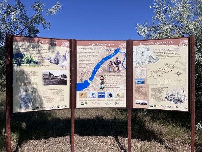 Land of Many Uses / Sulphur Springs Hiking Trail / Lewis and Clark Reach the Rapids Marker image. Click for full size.