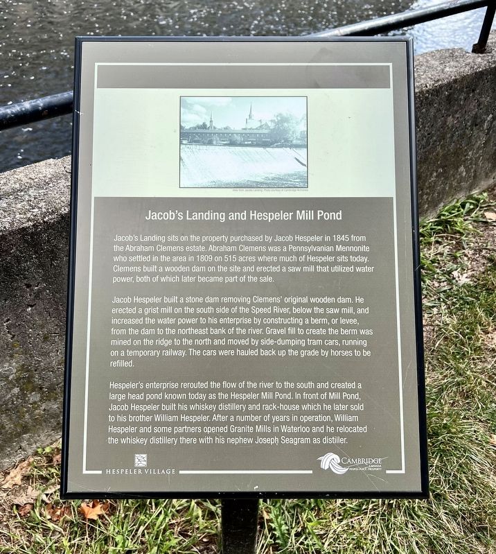 Jacob’s Landing and Hespeler Mill Pond Marker. Click for full size. Jacob’s Landing and Hespeler Mill Pond Marker image. Click for full size.