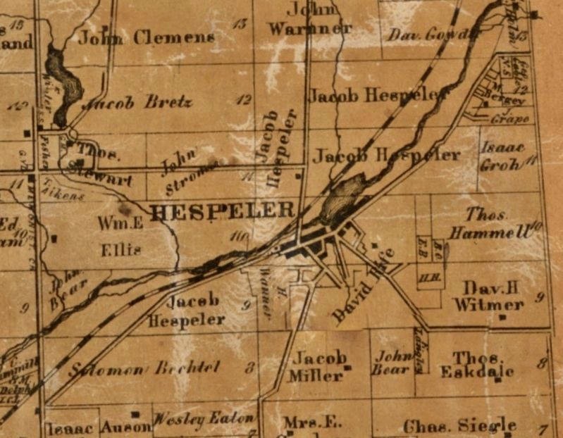 Hespeler in 1861, showing Jacob Hespeler’s properties. Click for full size. Hespeler in 1861, showing Jacob Hespeler’s properties image. Click for full size.