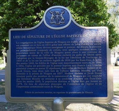 Niagara Baptist Church Burial Ground - Marker reverse, in French. Click for full size. Niagara Baptist Church Burial Ground - Marker reverse, in French image. Click for full size.