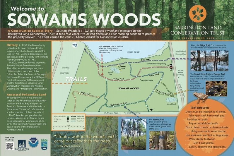 Trailhead Sign for Sowams Woods Marker image. Click for full size.
