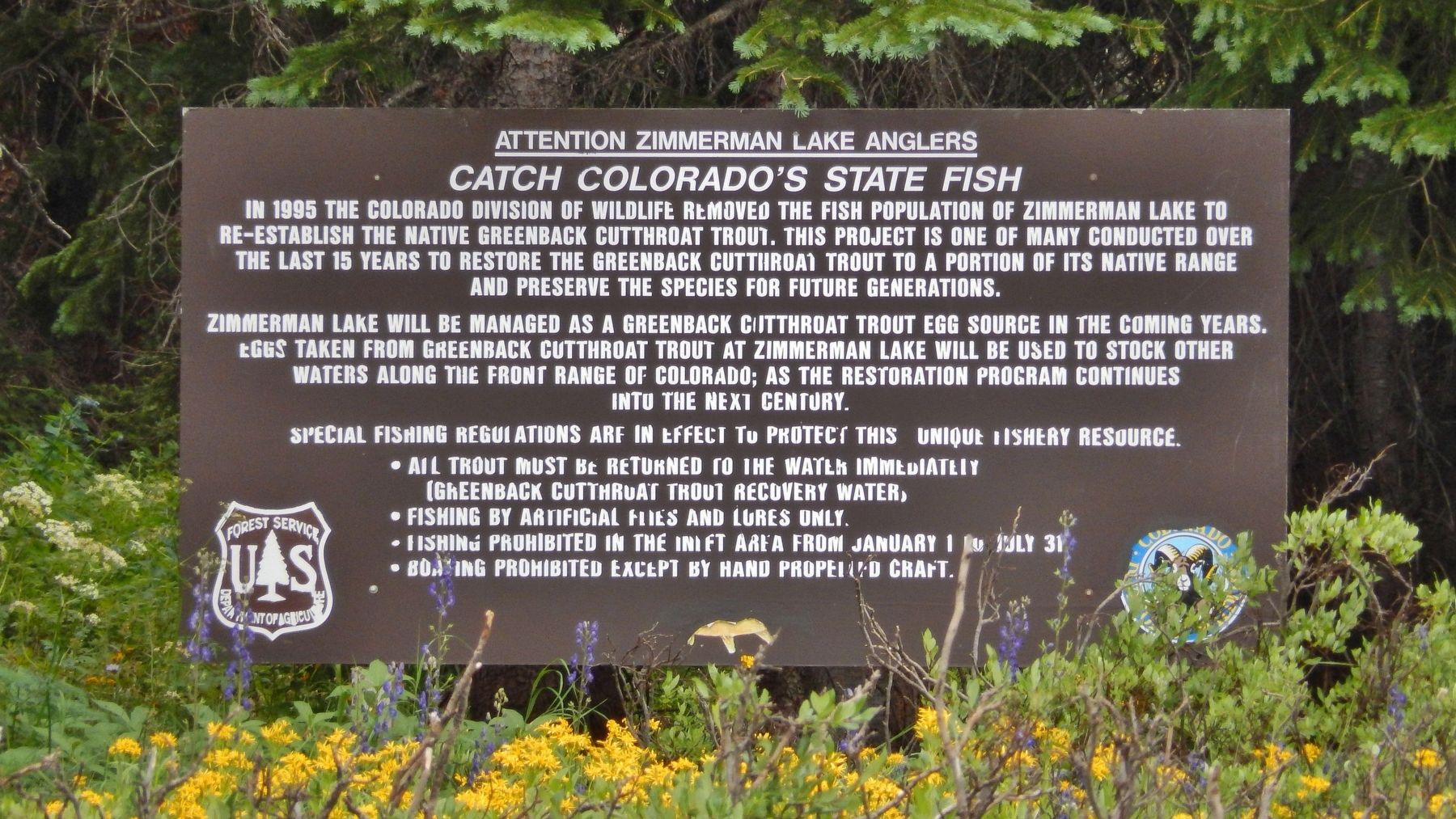 U.S. Forest Service & Colorado Division of Wildlife Sign at the Trailhead. Click for full size. U.S. Forest Service & Colorado Division of Wildlife Sign at the Trailhead image. Click for full size.