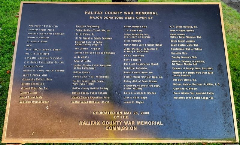 Halifax County War Memorial 2003 Dedication Plaque image. Click for full size.