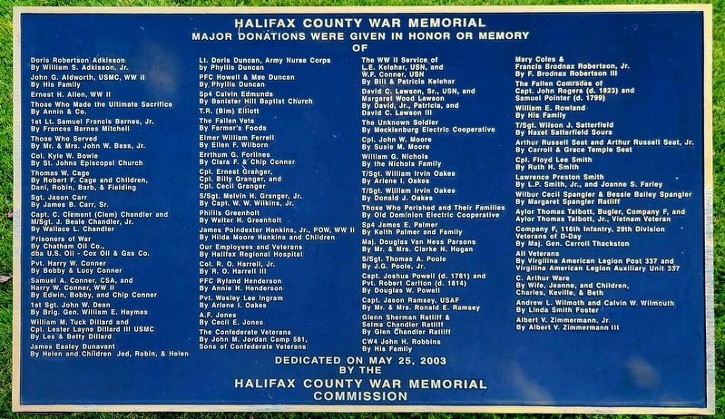 Halifax County War Memorial 2003 Dedication Plaque image. Click for full size.
