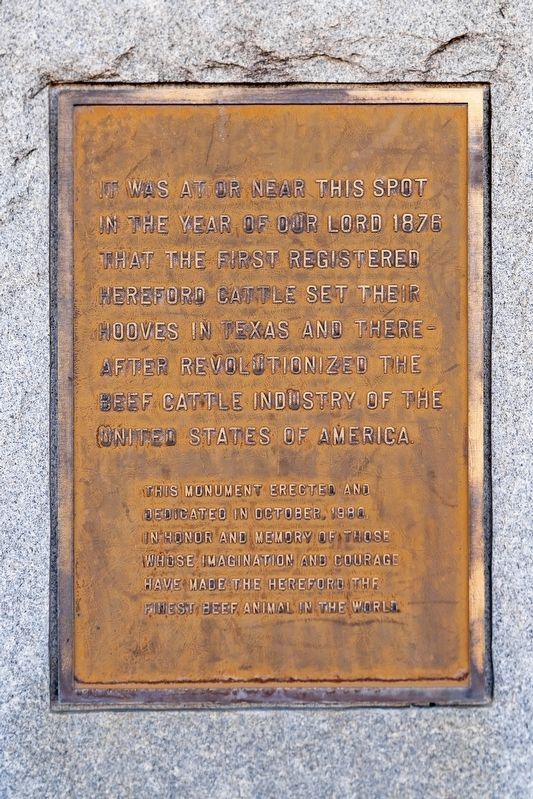 First Hereford Cattle in Texas Marker. Click for full size. First Hereford Cattle in Texas Marker image. Click for full size.