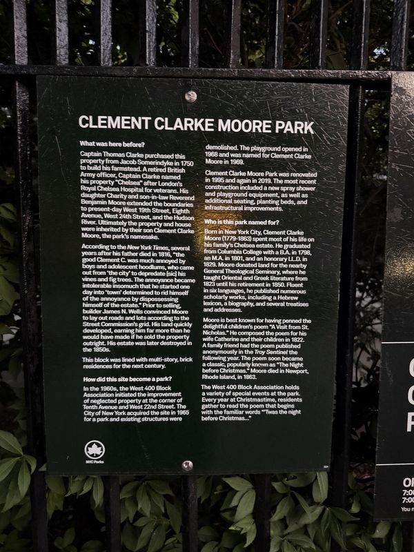 Clement Clarke Moore Park Marker image. Click for full size.