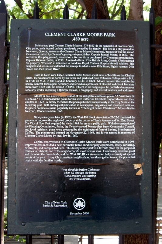 Clement Clarke Moore Park Marker. Click for full size. Clement Clarke Moore Park Marker image. Click for full size.