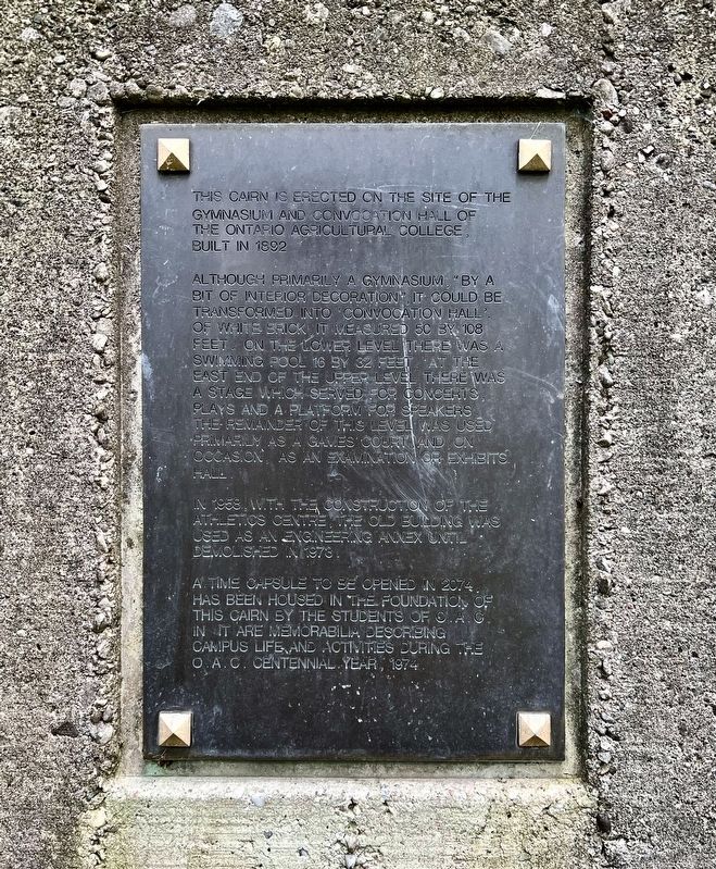 Site of the Gymnasium and Convocation Hall of the Ontario Agricultural College Marker. Click for full size. Site of the Gymnasium and Convocation Hall of the Ontario Agricultural College Marker image. Click for full size.