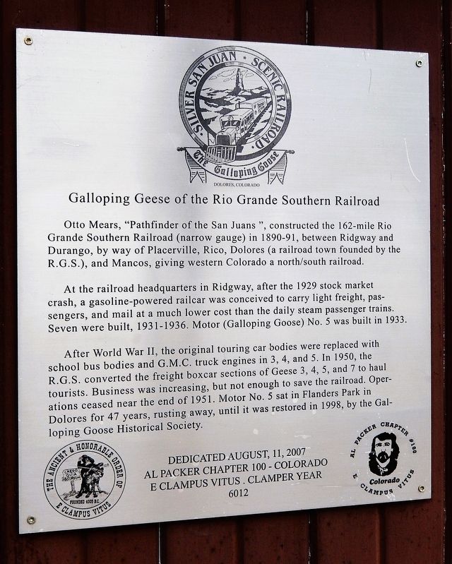 Galloping Geese of the Rio Grande Southern Railroad Marker. Click for full size. Galloping Geese of the Rio Grande Southern Railroad Marker image. Click for full size.