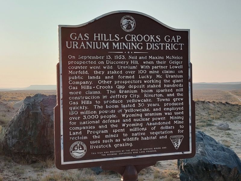 Gas Hills- Crooks Gap Uranium Mining District Marker. Click for full size. Gas Hills- Crooks Gap Uranium Mining District Marker image. Click for full size.