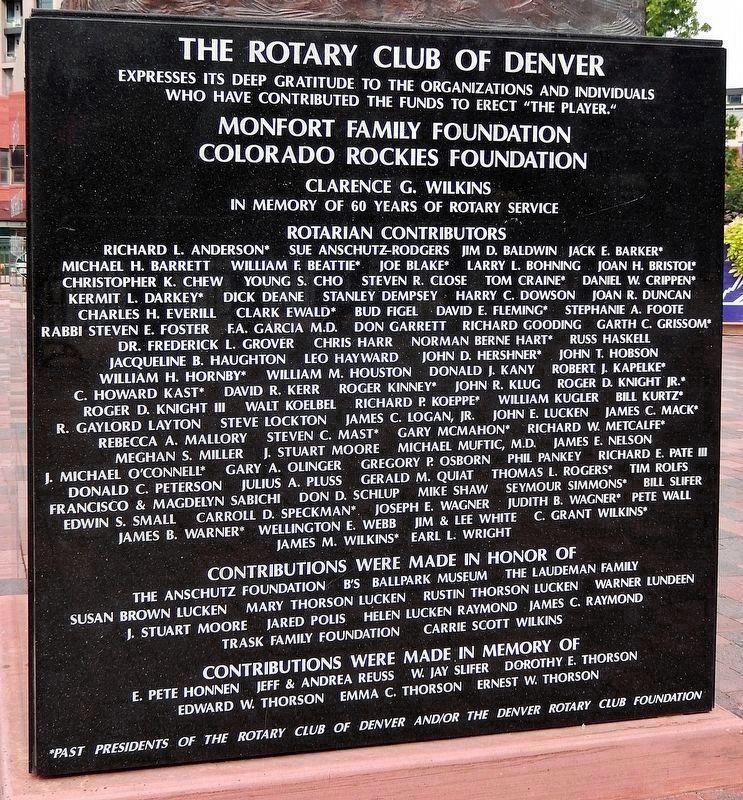 �The Player� Sculpture Base: Dedication image. Click for full size.