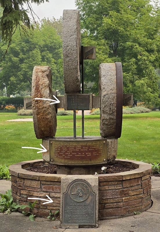 This photo indicates the three plaques marking the grist stones.. Click for full size. This photo indicates the three plaques marking the grist stones. image. Click for full size.