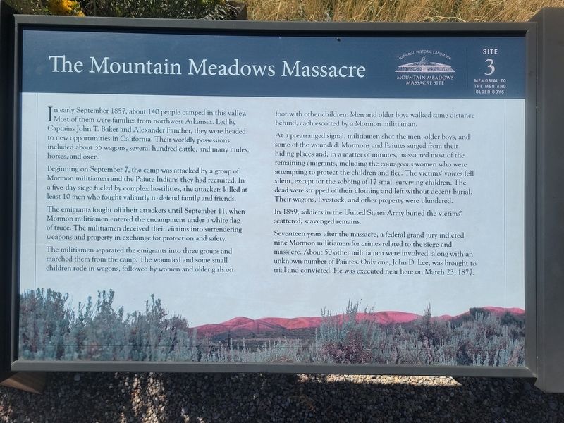 Mountain Meadows Massacre Marker. Click for full size. Mountain Meadows Massacre Marker image. Click for full size.