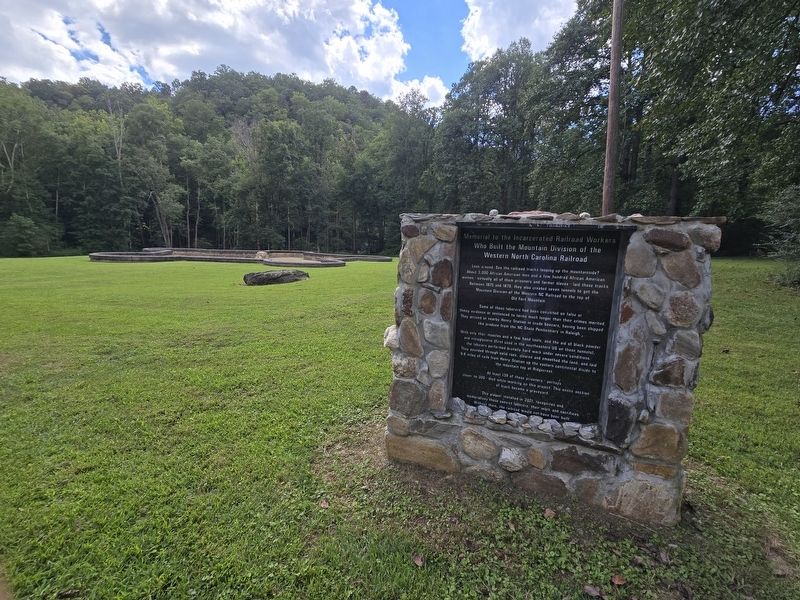 Wide view of Memorial to the Incarcerated Railroad Workers Marker looking towards Andrew's Geyser. Click for full size. Wide view of Memorial to the Incarcerated Railroad Workers Marker looking towards Andrew's Geyser image. Click for full size.