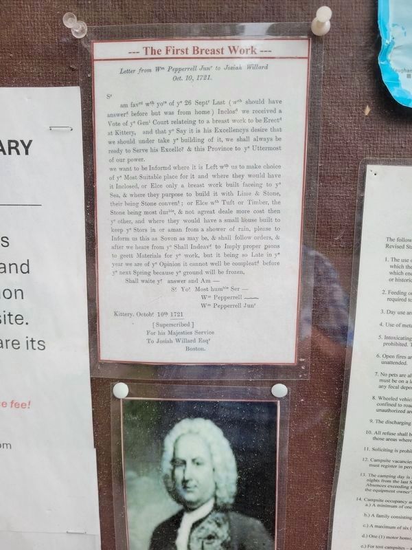The First Breast Work - 1721 Letter of William Pepperrell Jr to Josiah Willard. Click for full size. The First Breast Work - 1721 Letter of William Pepperrell Jr to Josiah Willard image. Click for full size.