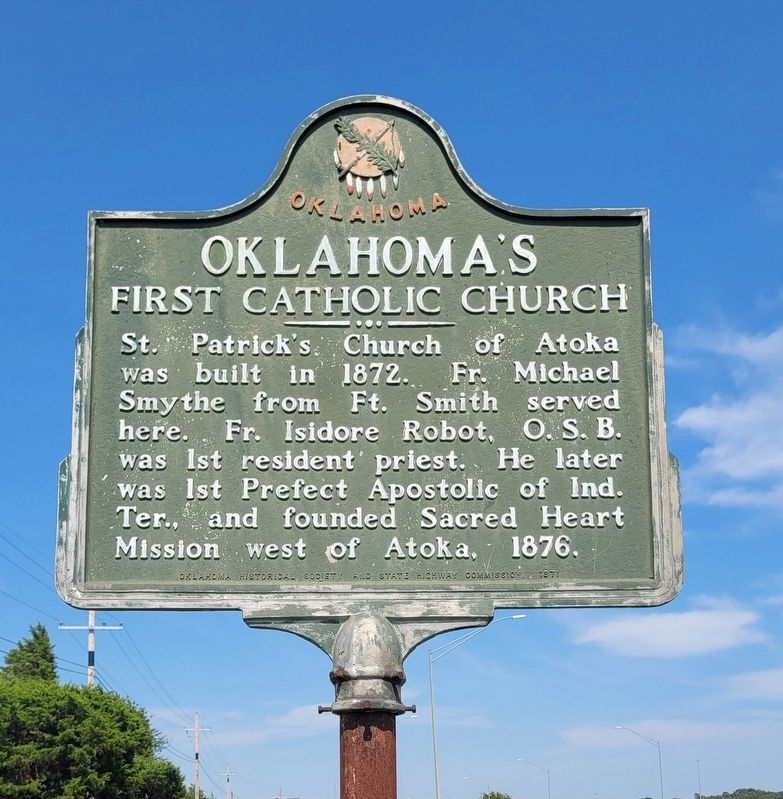 Oklahoma's First Catholic Church Marker image. Click for full size.