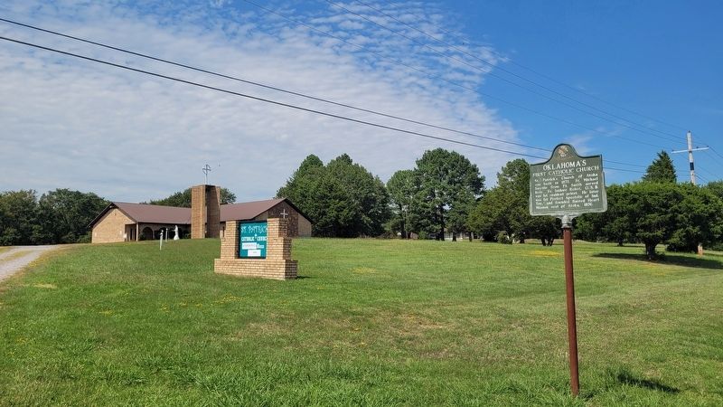 Oklahoma's First Catholic Church and Marker image. Click for full size.