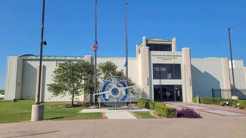 The view of the Marshal D. Roberts Memorial in front of the Tulsa Air and Space Museum image. Click for full size.
