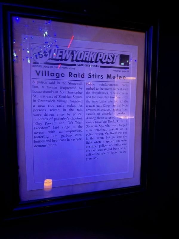 <i>New York Post</i> article on display in the Stonewall Inn. Click for full size. <i>New York Post</i> article on display in the Stonewall Inn image. Click for full size.