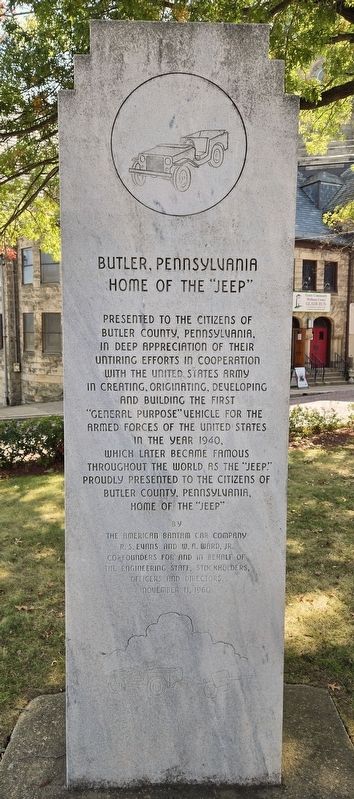 Butler, Pennsylvania Home of the "Jeep" Marker. Click for full size. Butler, Pennsylvania Home of the "Jeep" Marker image. Click for full size.