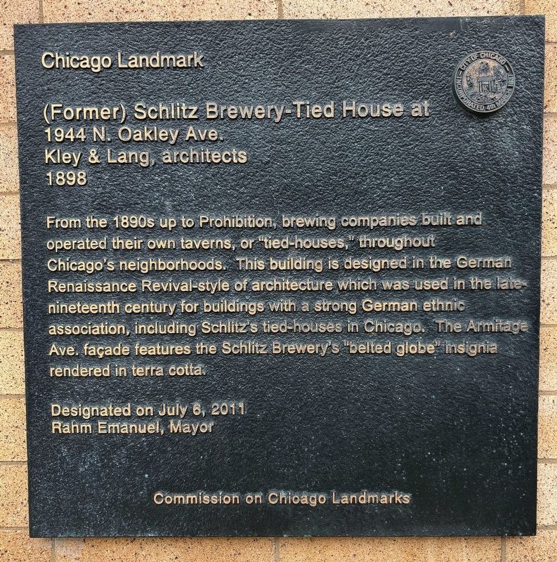 (Former) Schlitz Brewery-Tied House at 1944 N. Oakley Ave. Marker. Click for full size. (Former) Schlitz Brewery-Tied House at 1944 N. Oakley Ave. Marker image. Click for full size.