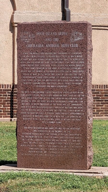 Rock Island Depot and the Chickasha Antique Auto Club Marker. Click for full size. Rock Island Depot and the Chickasha Antique Auto Club Marker image. Click for full size.