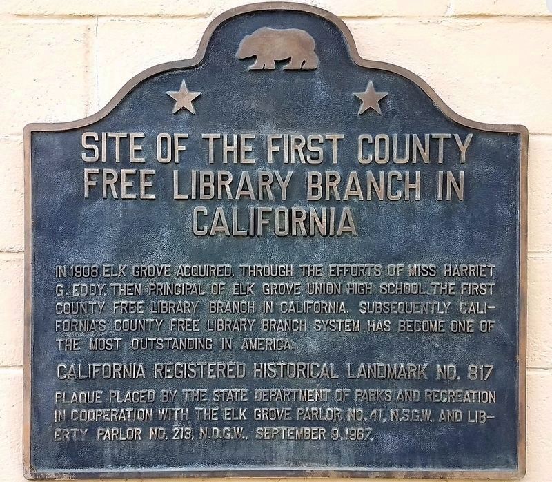 Site of the First County Free Library Branch in California Marker. Click for full size. Site of the First County Free Library Branch in California Marker image. Click for full size.