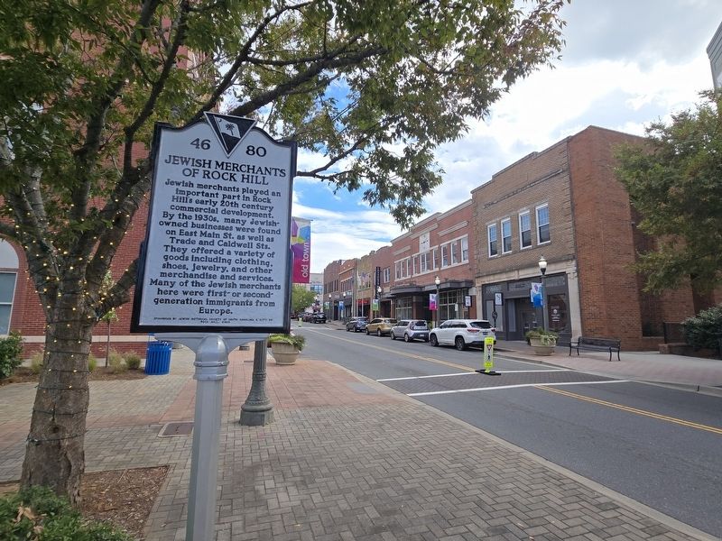 Jewish Merchants of Rock Hill Marker side looking east on East Main Street image. Click for full size.
